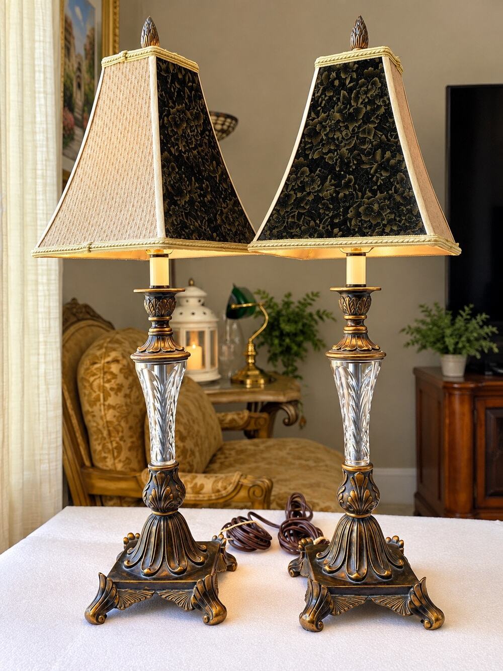 Pair Vintage Style Table Lamps Crystal Columns Ornate Gold Bronze Shades